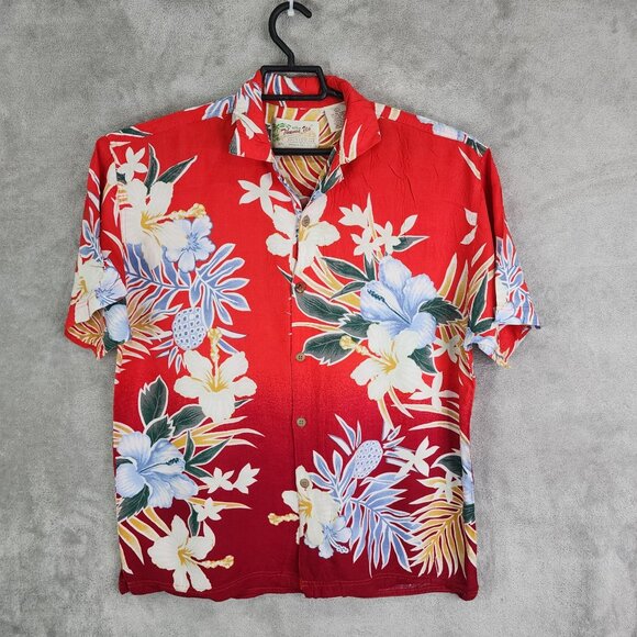 Mens Red Thums Up for Him Floral Hawaiian Shirt Button Down Short Sleeve Size L - Picture 2 of 7